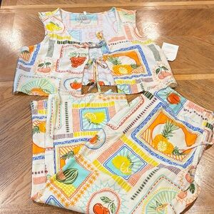 Sweet Hearts Los Angeles XL Linen Blend Colorful Fruit Print Top Vest Pant Set